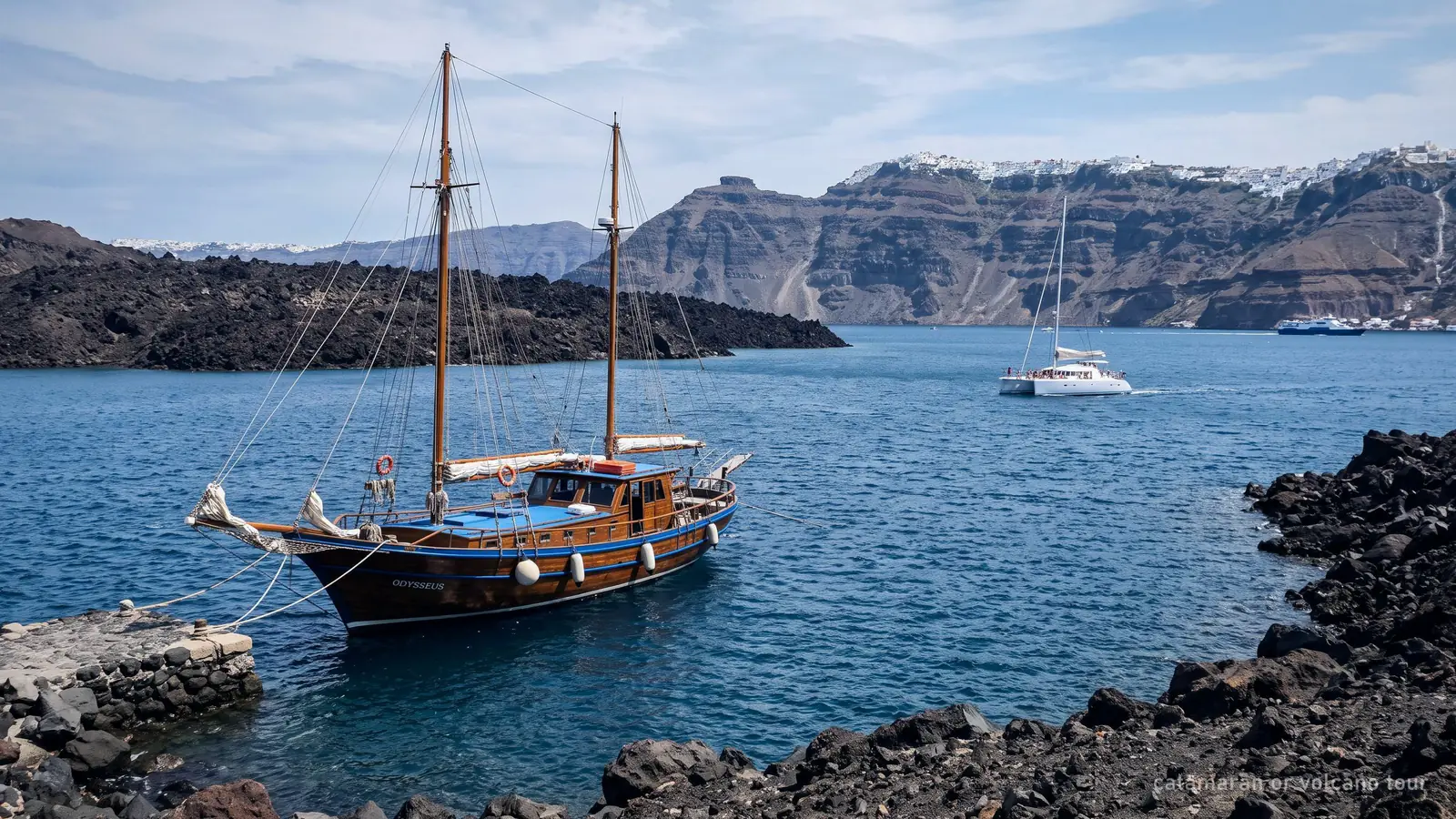 A wooden two-masted boat moored at the lava shore of Nea Kameni, a catamaran further out in the caldera