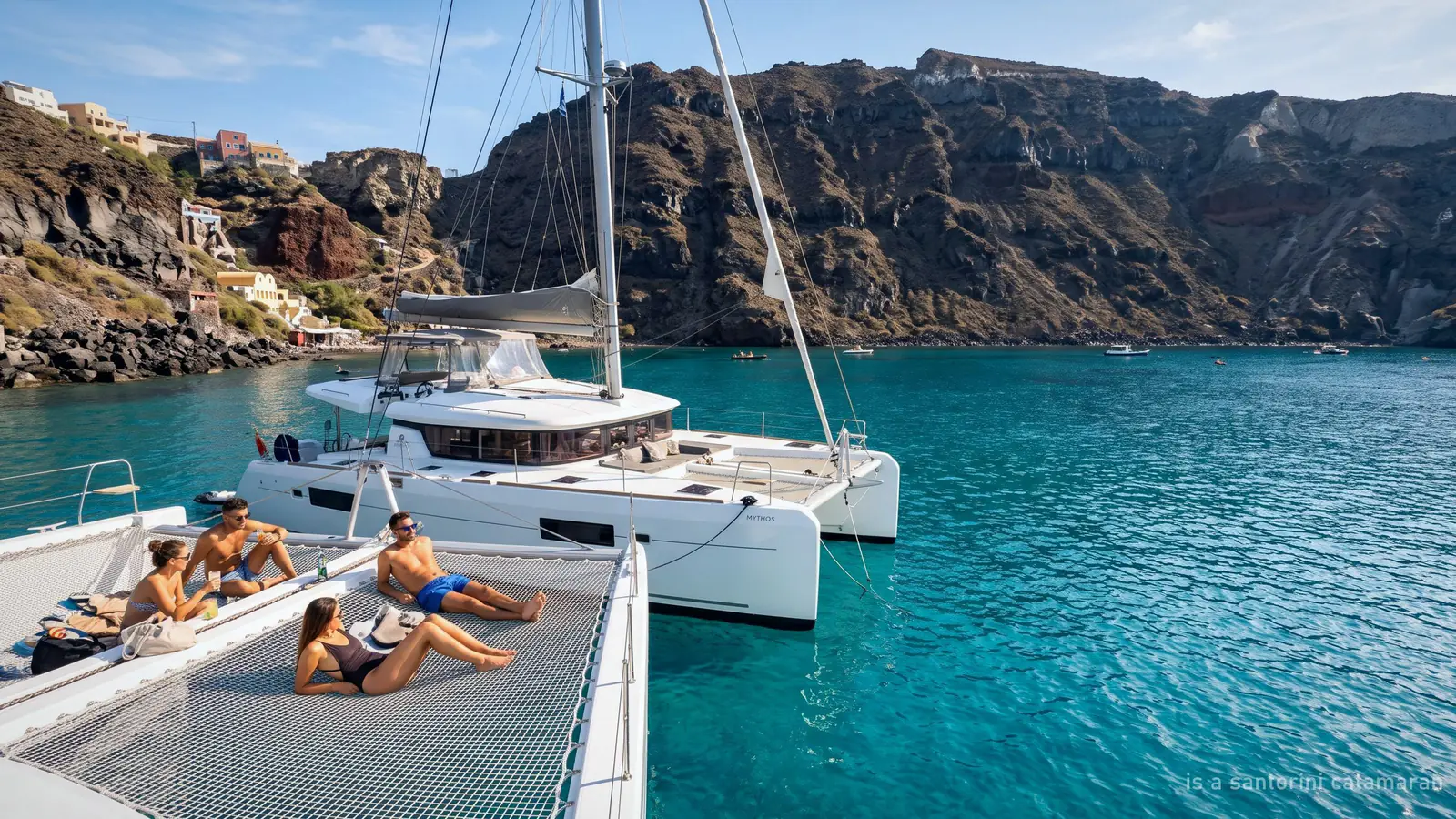Guests relaxing on the netting of a catamaran anchored in a turquoise bay under the caldera cliffs