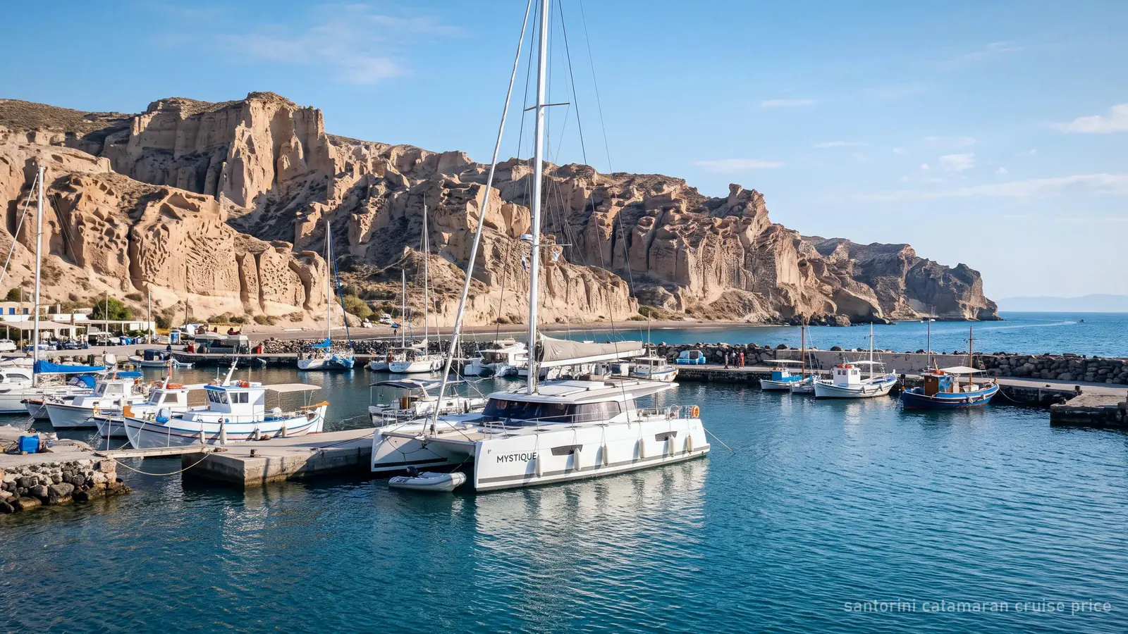 A catamaran moored at Vlychada Marina below sculpted sandstone cliffs