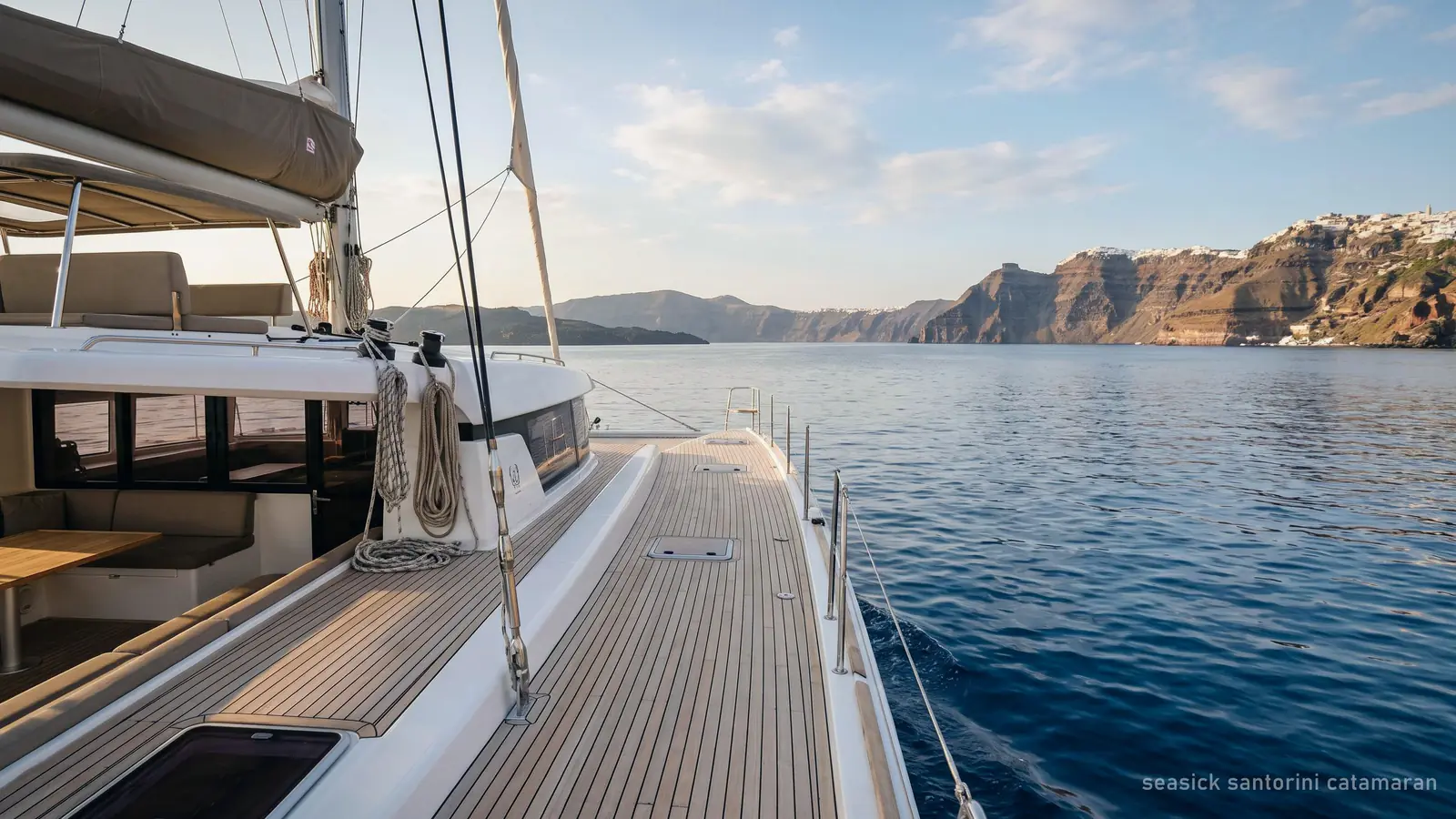 The wide, level deck of a catamaran moving over a calm sea in the Santorini caldera
