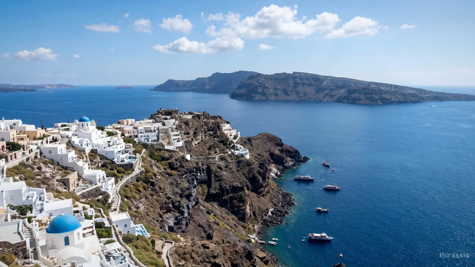 Thirassia across the caldera, seen from the cliffs of Oia