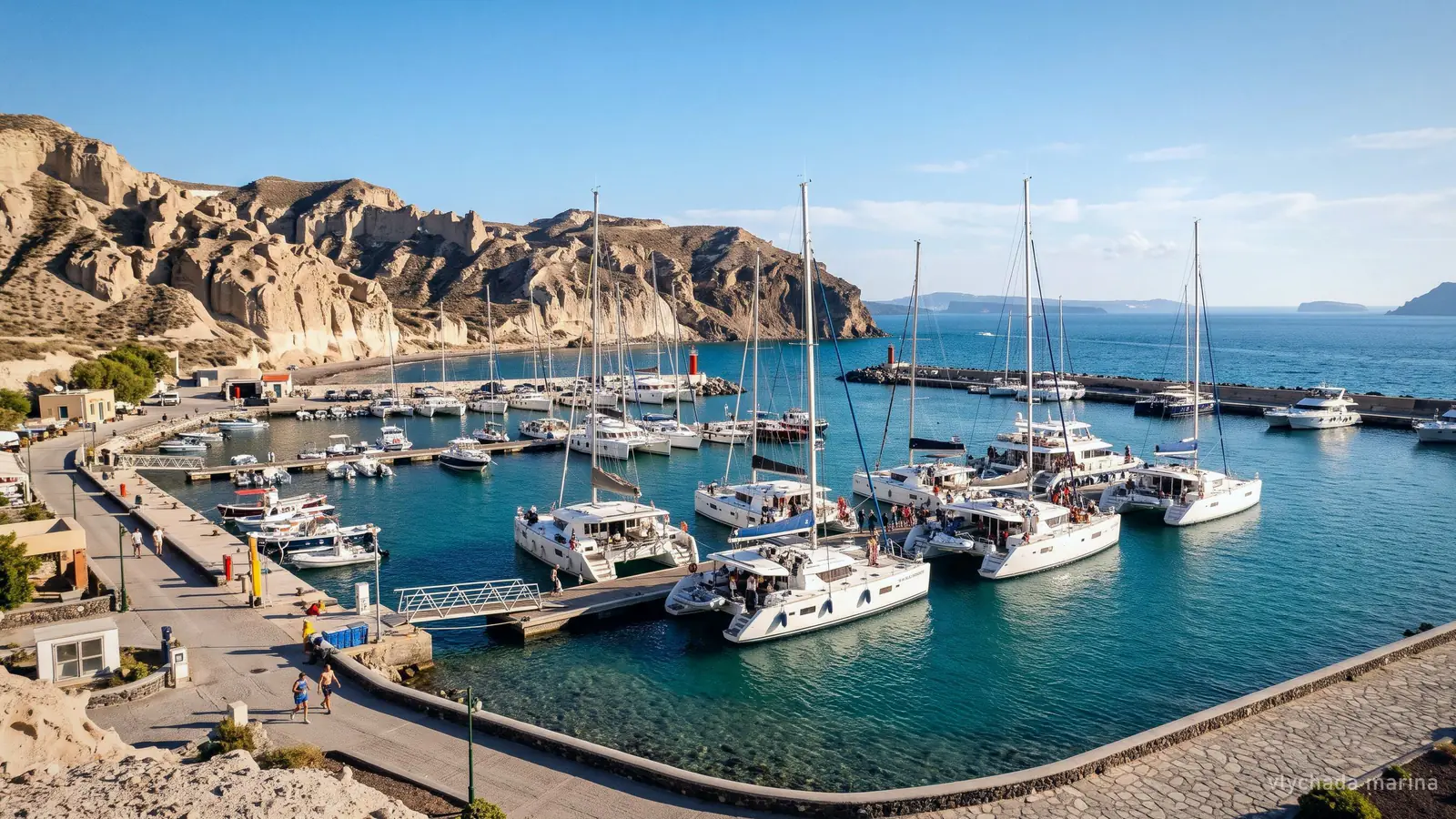La marina de Vlychada sur la côte sud de Santorin, voiliers et catamarans amarrés sous des falaises de grès clair