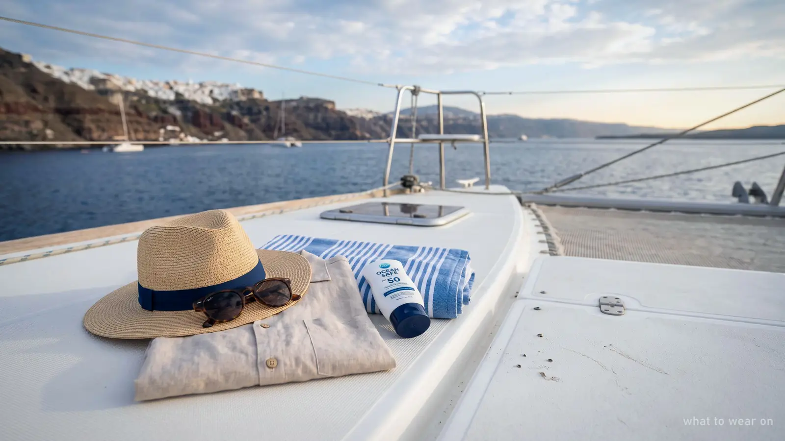 A straw hat, sunglasses, a linen shirt and a towel on the deck of a catamaran in the caldera